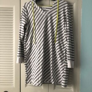 DKNY long hooded top with two slide pockets and two yellow contrasting ties